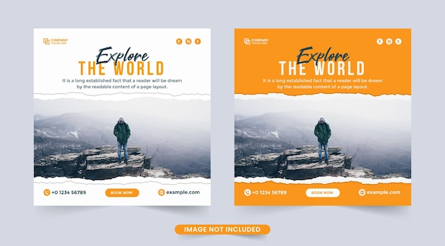 Travel social media posts vector with white and yellow colors Vacation planner organization flyer template Tour and travel banner design for travel agency Touring business flyer vector