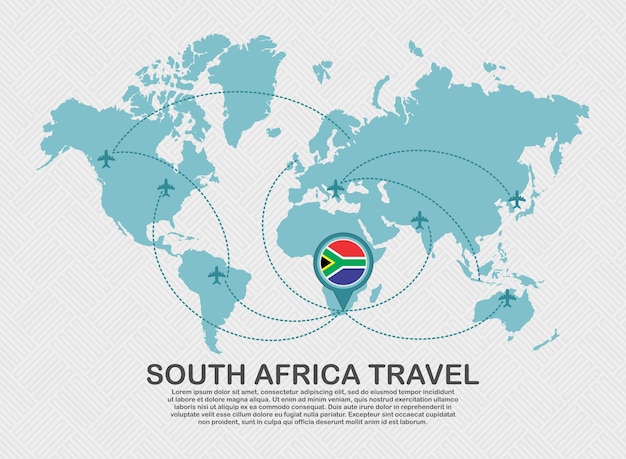 Vector travel to south africa poster with world map and flying plane route business background tourism dest