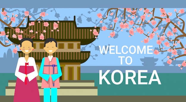 Vector travel to south korea, korean coupe wear national clothing over famous temple and sakura cherry blossom