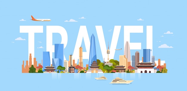 Vector travel to south korea seoul city background with skyscrapers