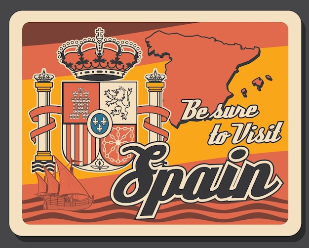 Vector travel to spain retro poster with map and crown