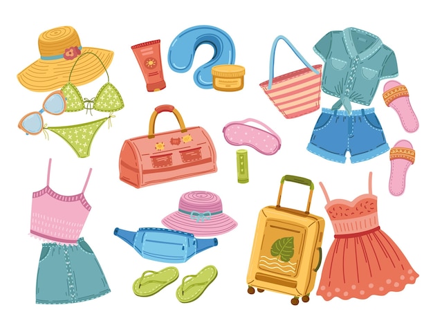 Travel stuff. traveller suitcase, doodle fashion shoes and clothes. tourism baggage, vacation or journey bags and accessory exact vector set