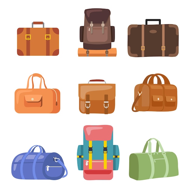 Vector travel suitcase journey package business travel bag trip luggage collection different bags heap of baggage suitcases luggage vector illustration