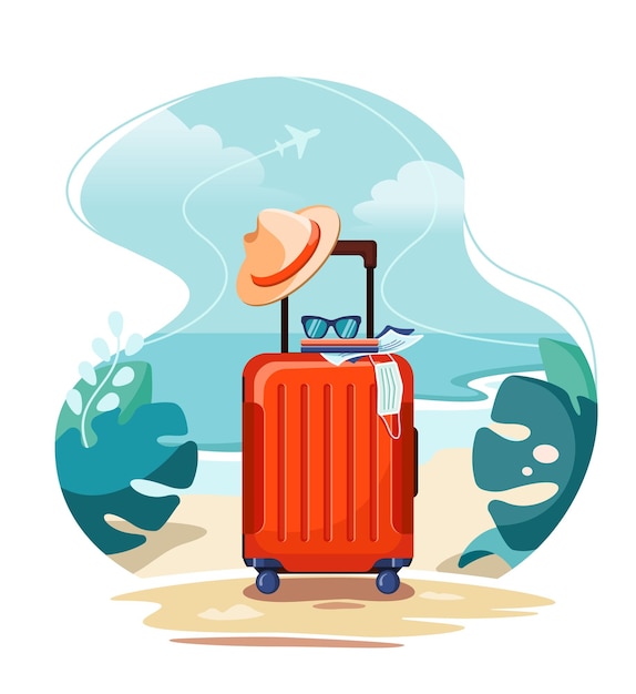 Travel suitcase on tropical beach on sand Vector illustration of travel during a pandemic