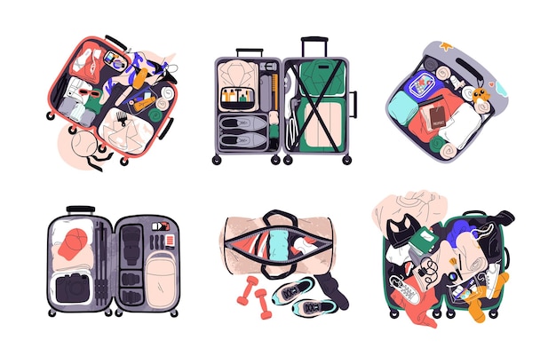 Набор чемоданов для путешествий Багаж ручной клади, набитый одеждой, праздничными и деловыми аксессуарами Открытая туристическая сумка, полная упакованных предметов Плоские векторные иллюстрации на белом фоне