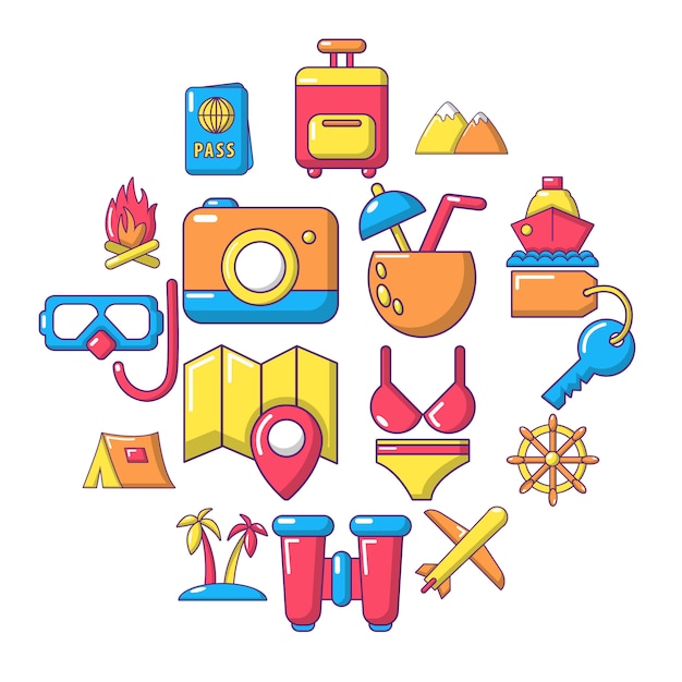 Travel summer icon set, cartoon style