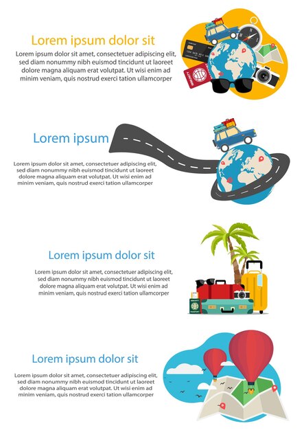 Travel summer poster or banner set vector tourism and tourist flight or car journey and trip illustration vacation holiday