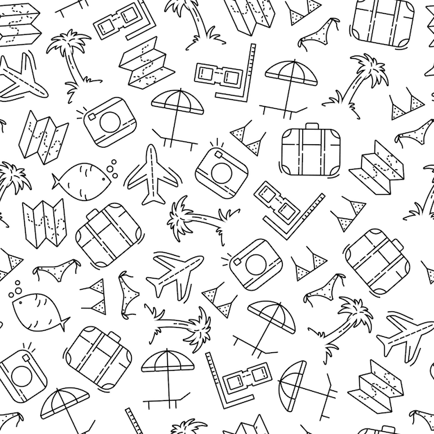 Vector travel summer vacation elements hand drawn seamless pattern