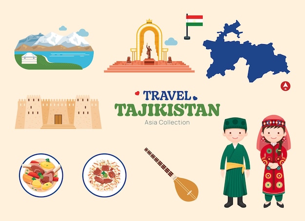 여행 타지키스탄 플랫 아이콘 설정 타지크 요소 아이콘 지도 및 랜드마크 기호 및 개체 컬렉션 벡터 그림