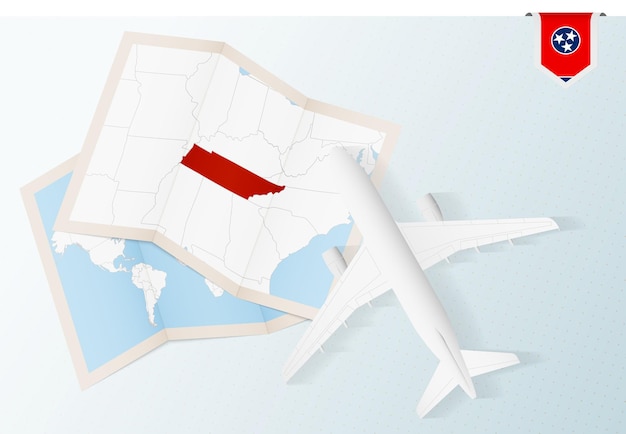 Viaggio in tennessee, aereo vista dall'alto con mappa e bandiera del tennessee.