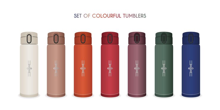 Vector travel thermos tumbler template a set of white brown orange red purple green blue mugs