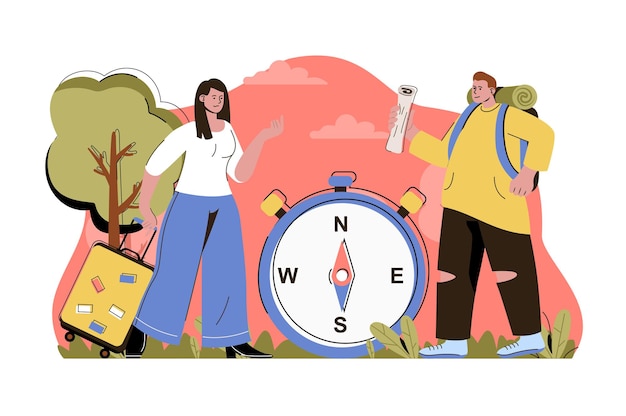 travel time concept man with backpack and woman with suitcase goes on trip