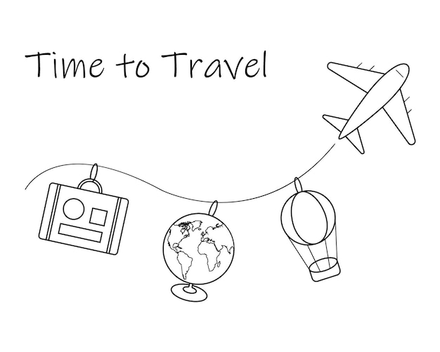 Travel time contour illustration of a flying airplane with suitcaseglobe and air balloon vector