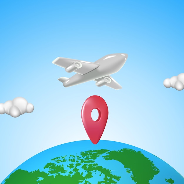 Concetto di vacanza di vacanza di viaggio con l'illustrazione 3d del passaporto mondiale del globo della valigia dell'aeroplano