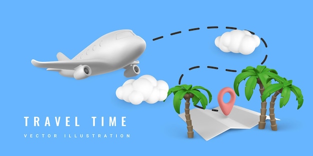 Vector travel time promo banner design summer 3d realistic render vector objects tropical palm tree plane pin point marker on map vector illustration