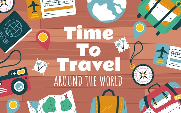 Travel time trip tour around the world agency banner poster abstract concept