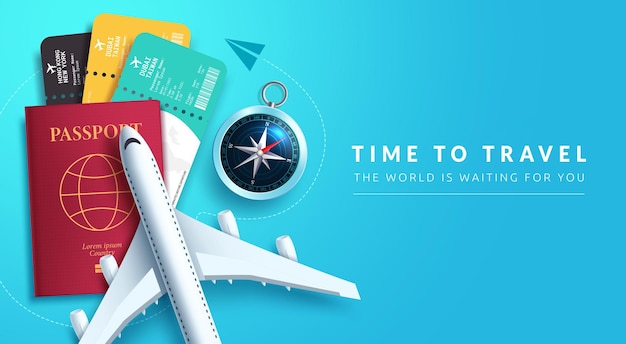 Travel time vector background design. Time to travel text in blue space with 3d tourist elements.