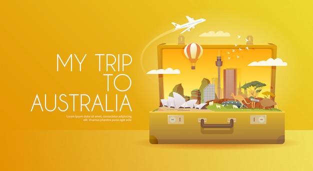 Путешествие в австралию. открытый чемодан с достопримечательностями.