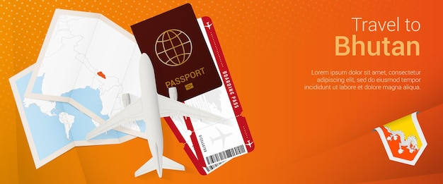벡터 부탄 팝언더 배너로 여행하세요. 부탄의 여권, 티켓, 비행기, 탑승권, 지도 및 국기가 있는 여행 배너.