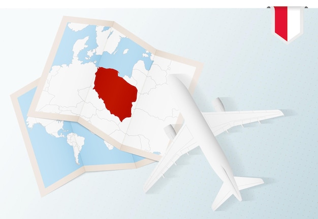 ポーランドへの旅行、地図とポーランドの旗が付いた平面図の飛行機。