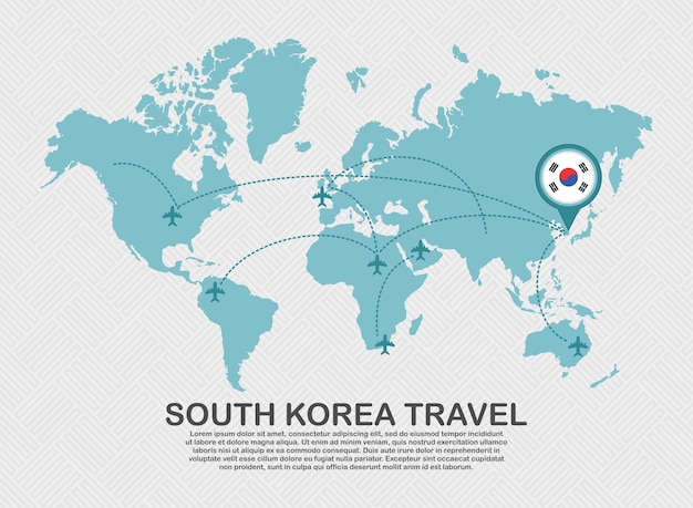 ベクトル 世界地図と飛行飛行機ルート ビジネス背景観光 desti と韓国のポスターへの旅行します。