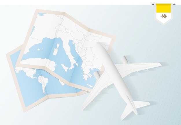 バチカン市国への旅行、バチカン市国の地図と旗のある平面図の飛行機。