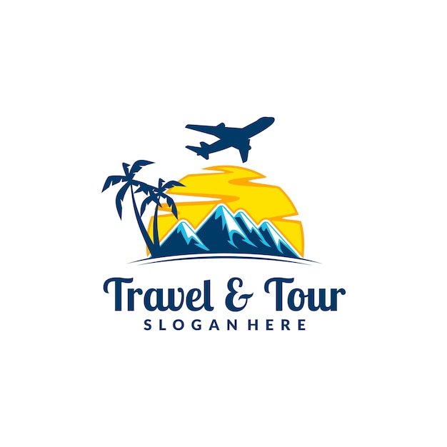 travel and tour logo with mountain and airplane concept