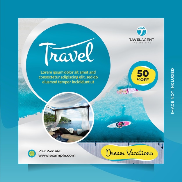 Travel and tour marketing agency template for social media post and banner with clean blue color