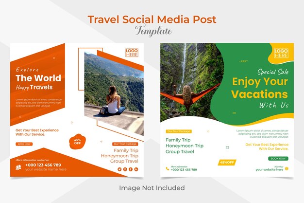 Travel and tour square flyer and facebook and instagram social media post banner template design set