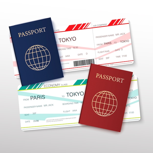 Travel and tourism concept card with realistic detailed 3d passport, airplane tickets and thin line icons