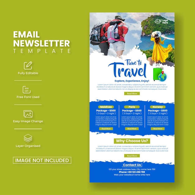 Vettore modello di newsletter per e-mail di viaggi e turismo o modelli di interfaccia per sito web di blog per viaggiatori