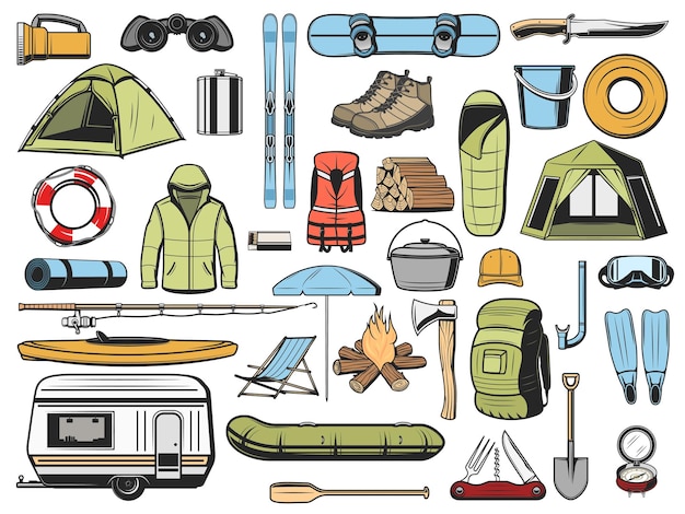 Vector travel and tourism equipment camping icons