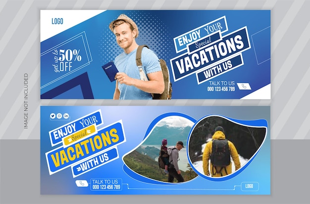 Travel and tourism facebook cover template with blue color background presentation