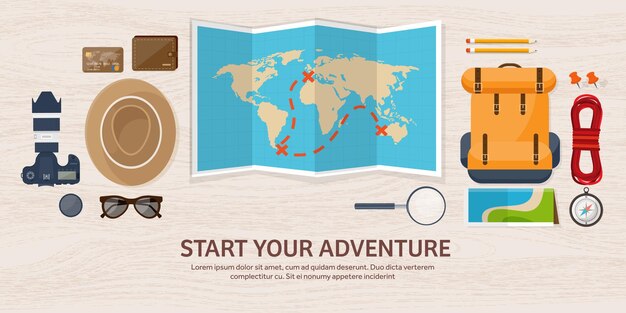 Vector travel and tourism flat style vector illustration world earth map and globe trip tour journey summer