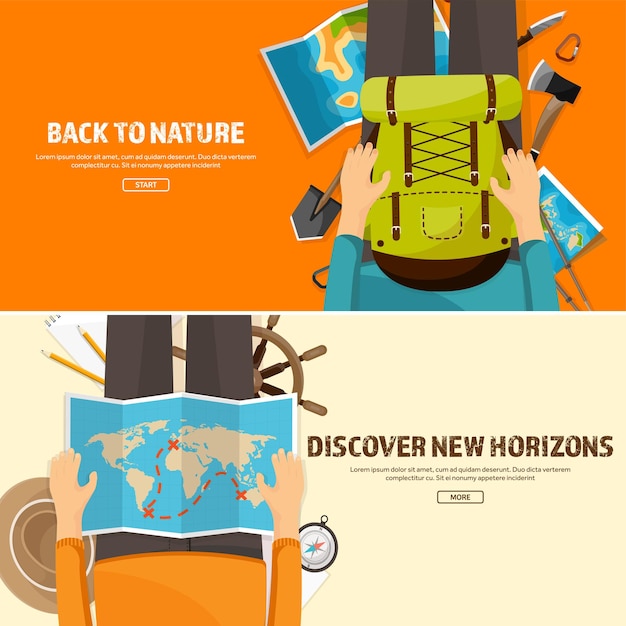 Vector travel and tourism in flat style world earth map globe trip tour journey and summer holidays