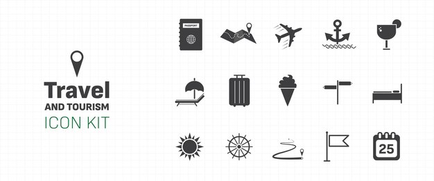 Travel and tourism icon kit collection with flat simple icons with passport cocktail unfolded map