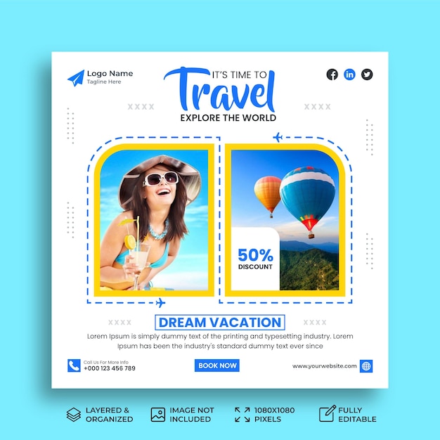 Modello di banner per social media per post o vacanze di instagram di viaggi e turismo