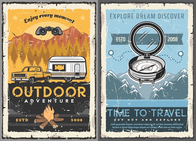 Vector travel tourism trailer home retro posters