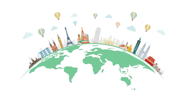 Vector travel and tourism with famous world landmarks on the globe