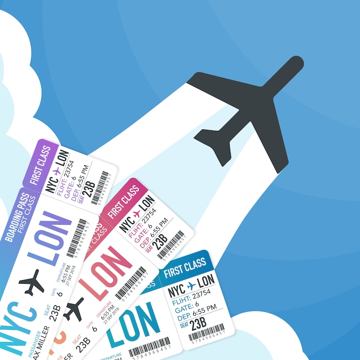 Vector travel and tourismbuying or booking online tickets. travel, business flights worldwide.