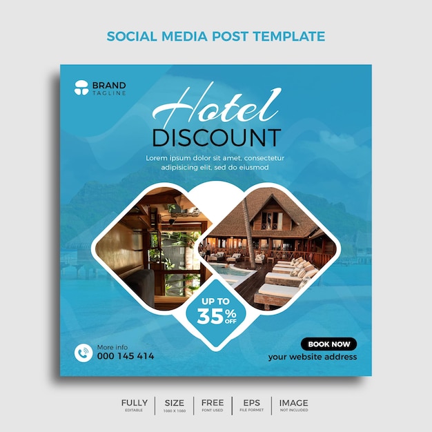 Travel and tours agency social media post or blue banner design template, colorful social media post