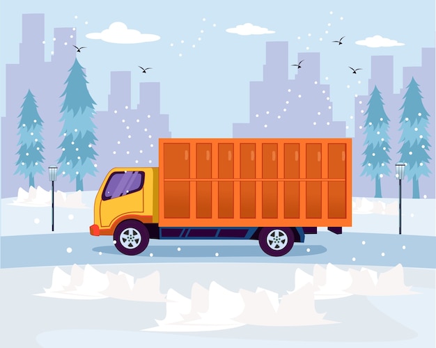 Travel transportation truck run in the winter season flat design