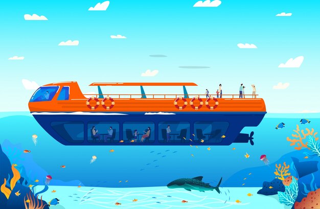 Vettore viaggia in mare tropicale sull'illustrazione del manifesto del trasporto di acqua. crociera con nave marina, barca a vela che galleggia sull'acqua dell'oceano con pesci esotici e vita marina.