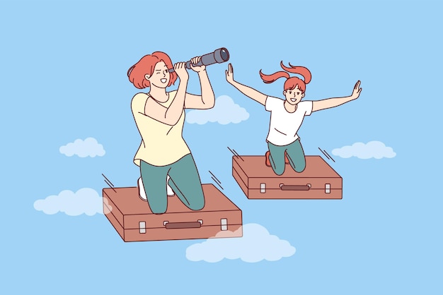 Vector travel of two women fantasizing about going on vacation by plane flying on old suitcases in sky