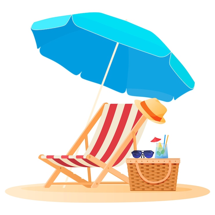 Vector travel and vacation concept beach umbrella and chair relaxing on the beach 