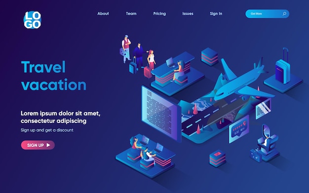Travel vacation concept isometric landing page Travelers with luggage go control at airport and fly
