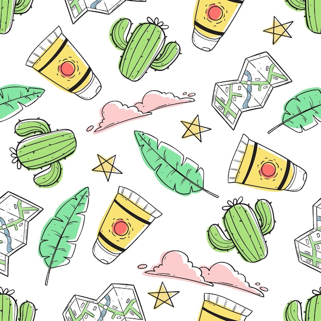 Vector travel or vacation doodle elements in seamless pattern
