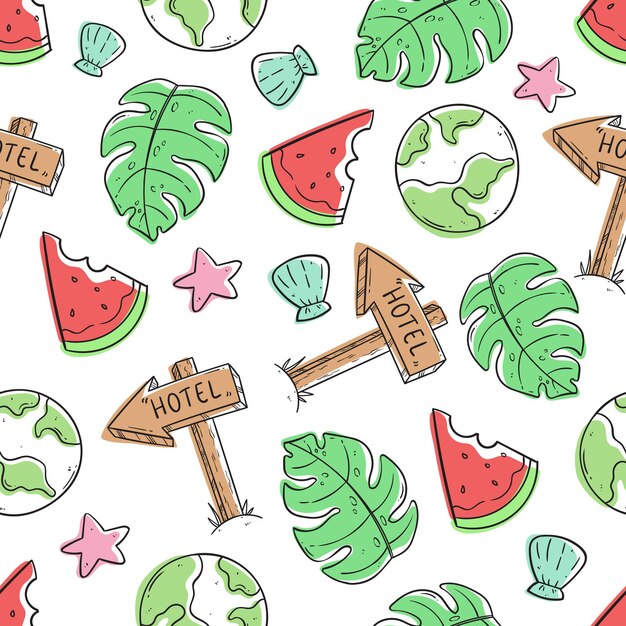 Vector travel or vacation doodle elements in seamless pattern