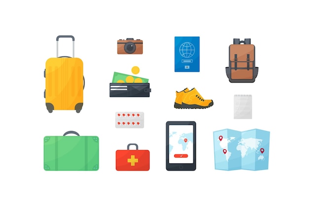 Viaggi e vacanze flat design concept, articoli per turisti, tempo libero, riposo, borsa, portafoglio, stivali, kit di pronto soccorso, valigia, macchina fotografica, soldi, passaporto, zaino, navigatore, telefono, mappa