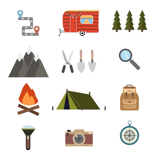 Set di icone di design piatto per viaggi e vacanze